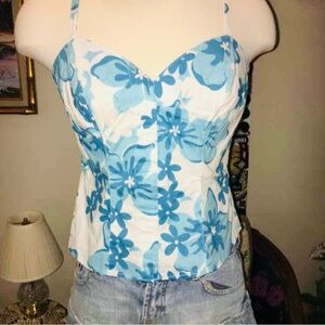 Blue and White Floral Bustier Top